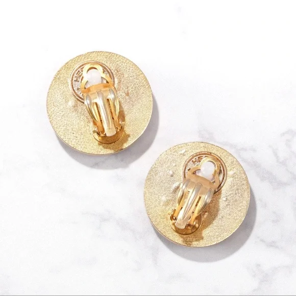 HERMES Selle Clip On Earrings Black Leather Gold Button